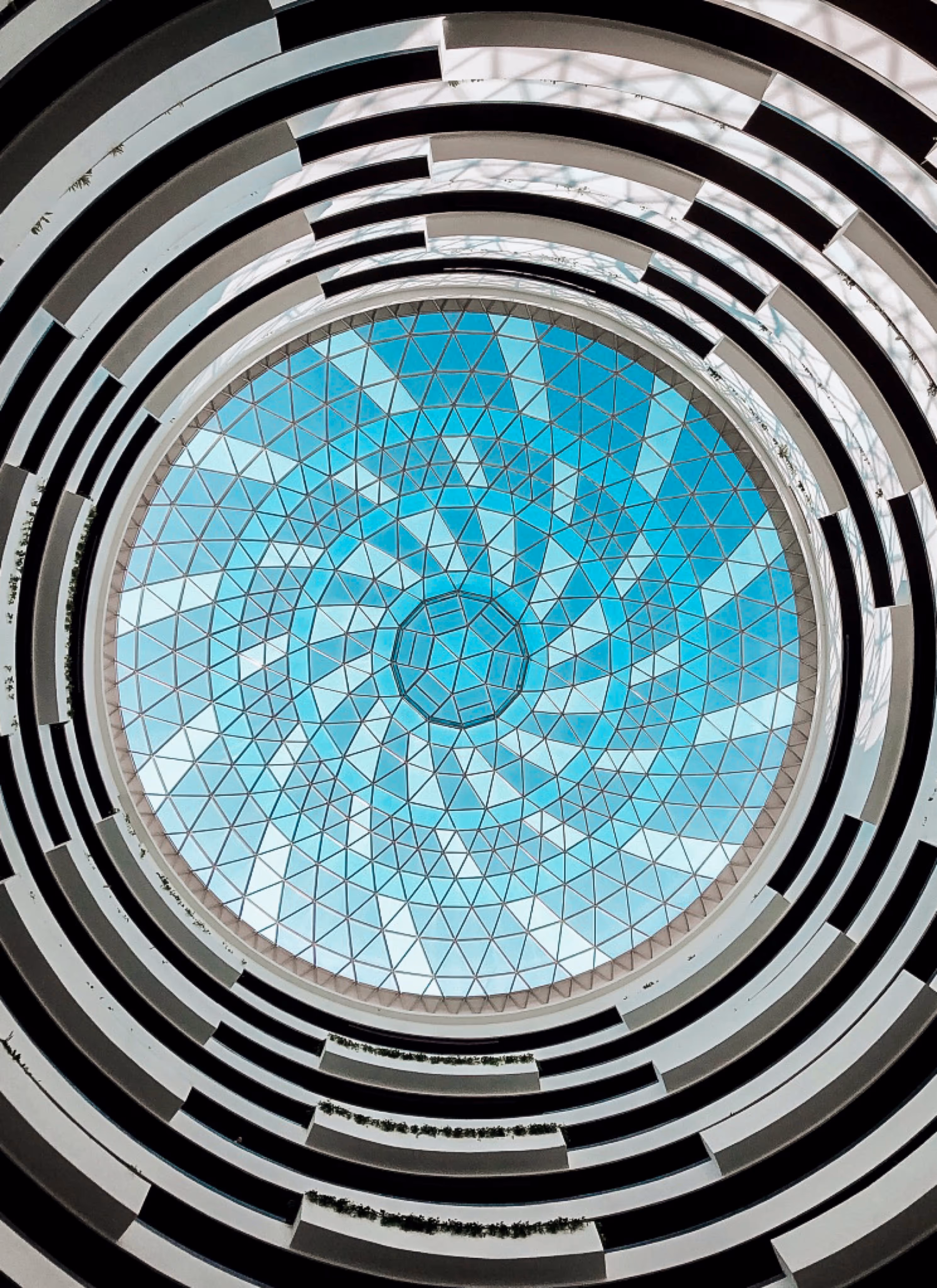 A blue dome seen from below